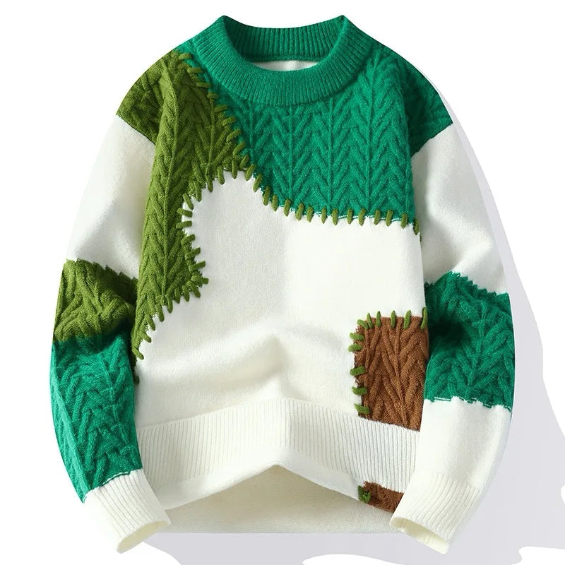 Men's Winter Patchwork Knit O-Neck Pullover, Thick Loose Sweater