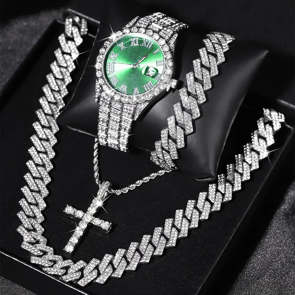 Men's Bling Quartz Watch and Cuban Chain Necklace Set