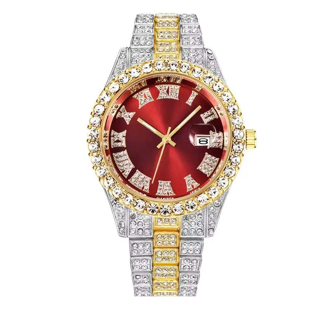 Men's Full Diamond Stainless Steel Quartz Calendar Wristwatch