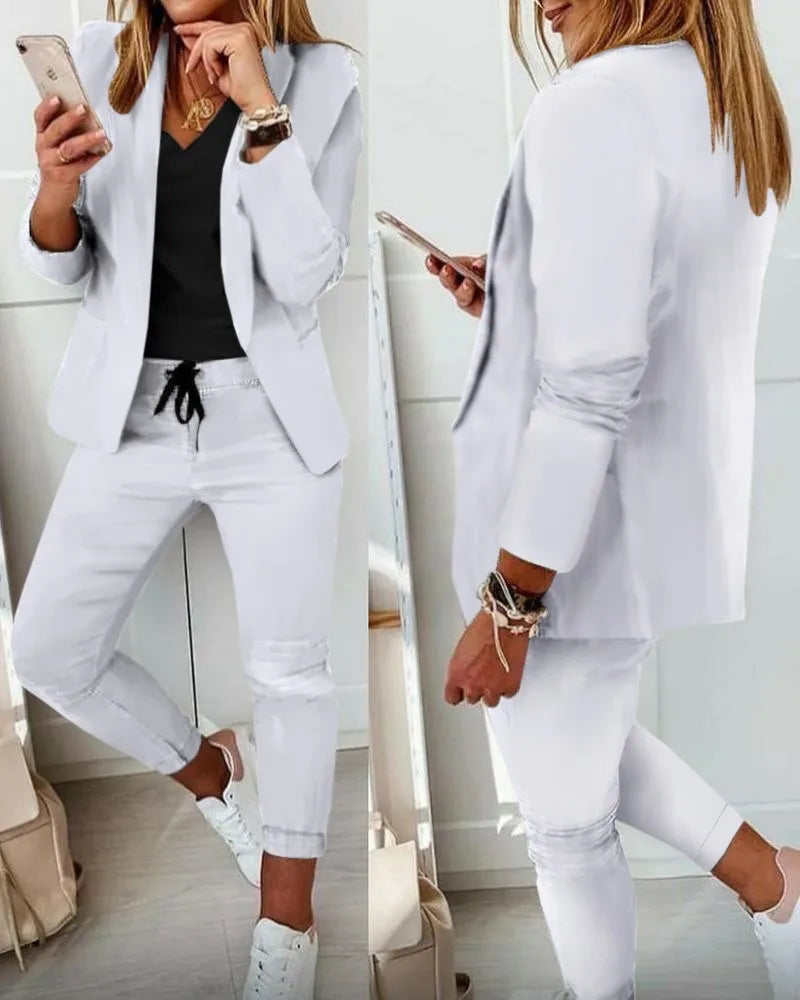 Women's Monochrome Drawstring Elastic-Waist Slit Suit Two-Piece