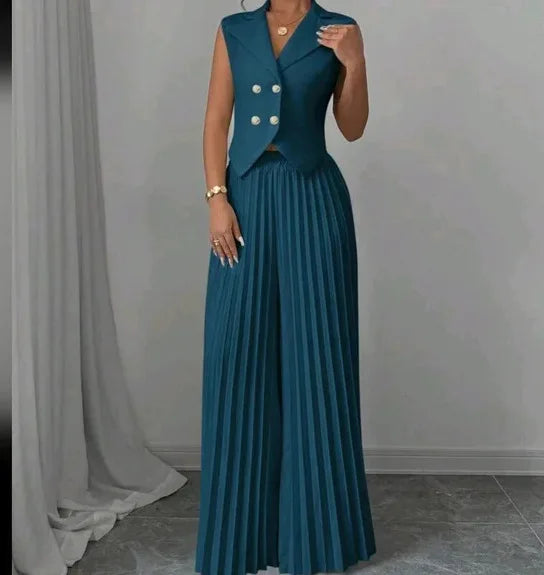 Women's Solid Lapel Sleeveless Top and Trousers Two-Piece Set