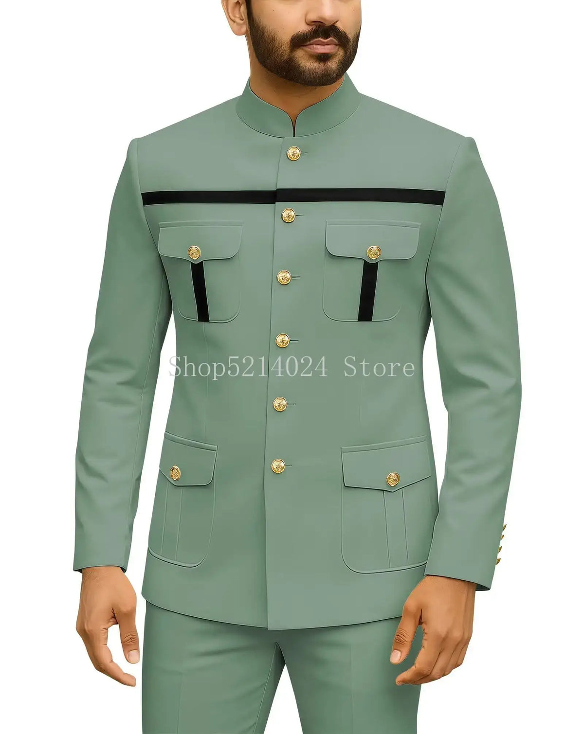 Mens Safari Suit 2 Piece Regular Fit Chinese Suit Stand Collar Gold Button Blazer Pants Set African Outfits
