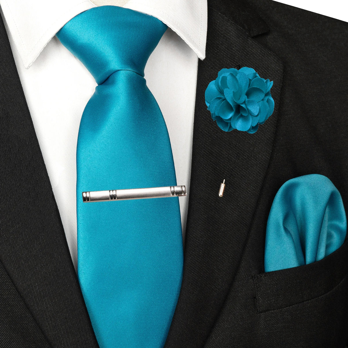 Men's Solid Color Tie Set with Lapel Pin and Pocket Square