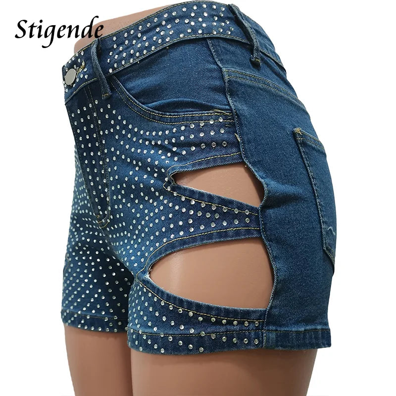 Women's Rhinestone Cut-Out Sequin Slim Denim Shorts
