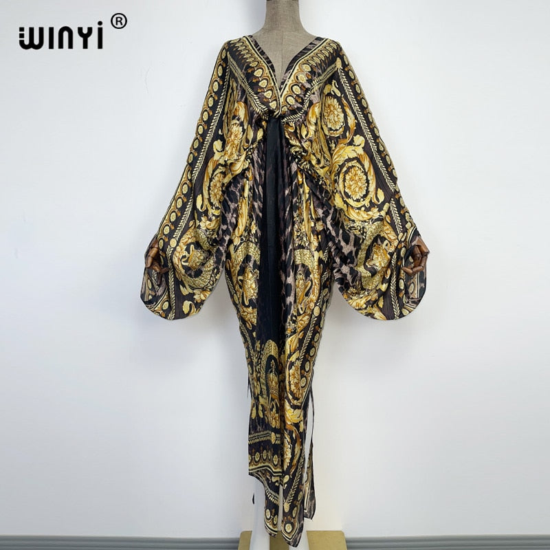 Women's Silk Rayon Print Bohemian V-Neck Beach Maxi Dress