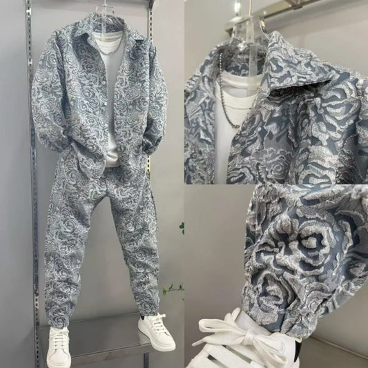 Men's Sporty Lapel Jacquard Shirt and Pants Two-Piece Set