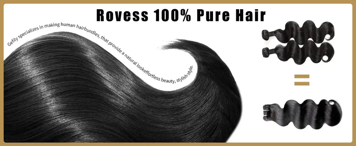 Rovess 100% Pure Hair showcasing body wave texture and quality, emphasizing human hair bundles and weaving.
