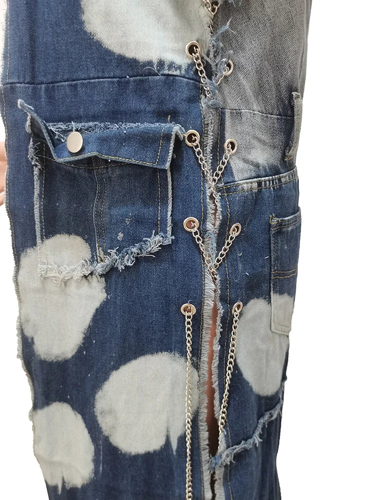 Women's Long Denim Trench Jacket with Pockets, Street Outerwear