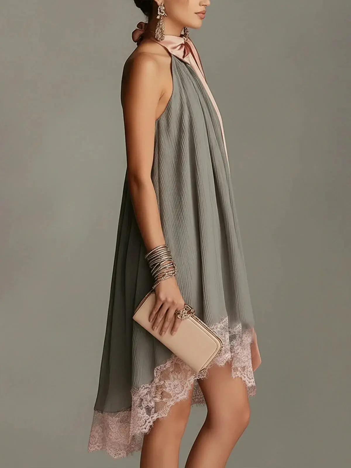 Women's Pink Satin Halter Mini Dress with Bow Tie