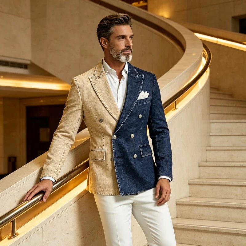Men's Spliced Denim Peak Lapel Double-Breasted Blazer