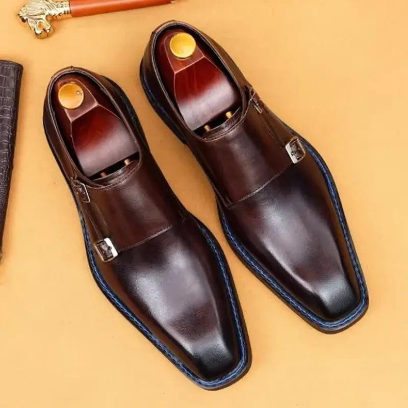 Men's Cowhide Square Toe Double Monk Strap Dress Shoes