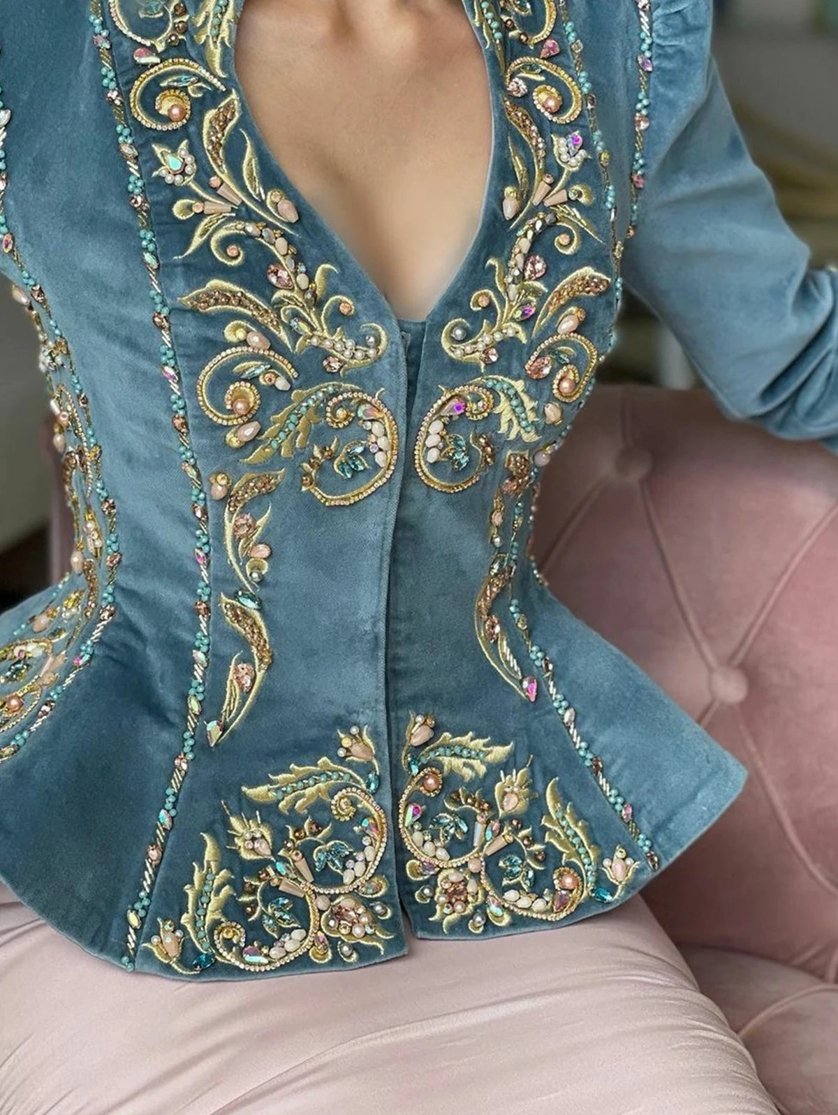 Women's Floral Embroidered V-Neck Velvet Peplum Blouse