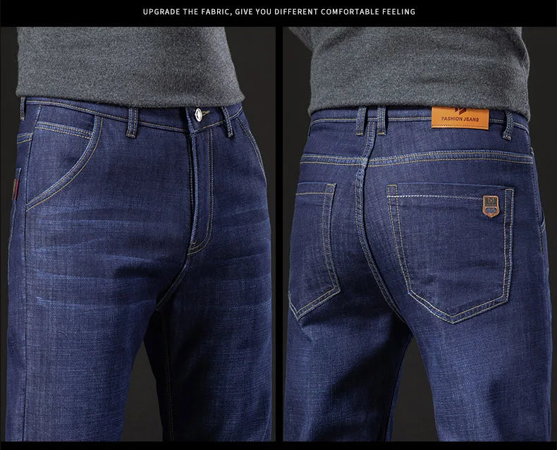 Men's Winter Fleece-Lined Lamb Denim Straight Stretch Jeans, Size 40