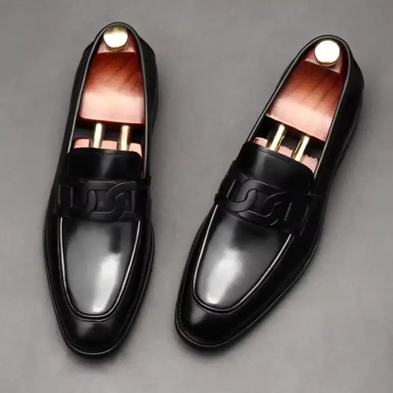 Men's Metal Buckle Genuine Leather Slip-On Wedding Dress Shoes