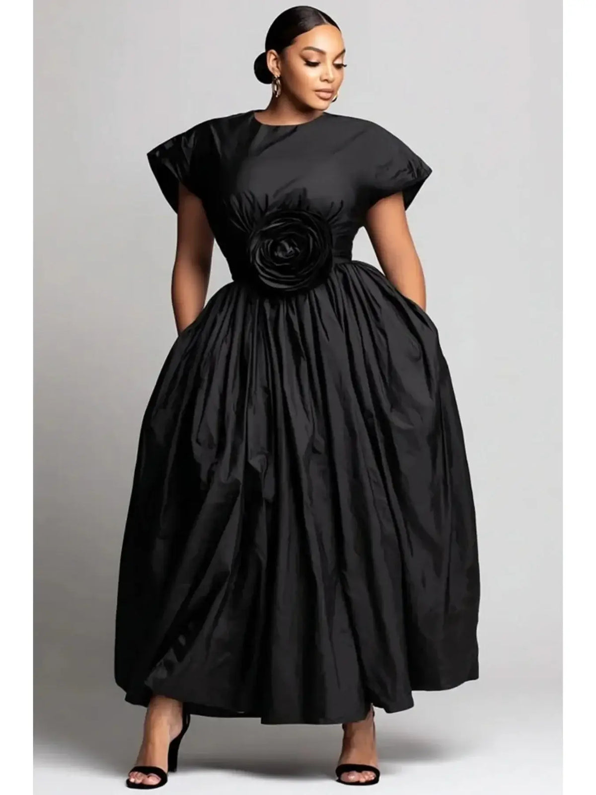 Women's Plus-Size Rose Applique Midi Ball Gown with Pockets