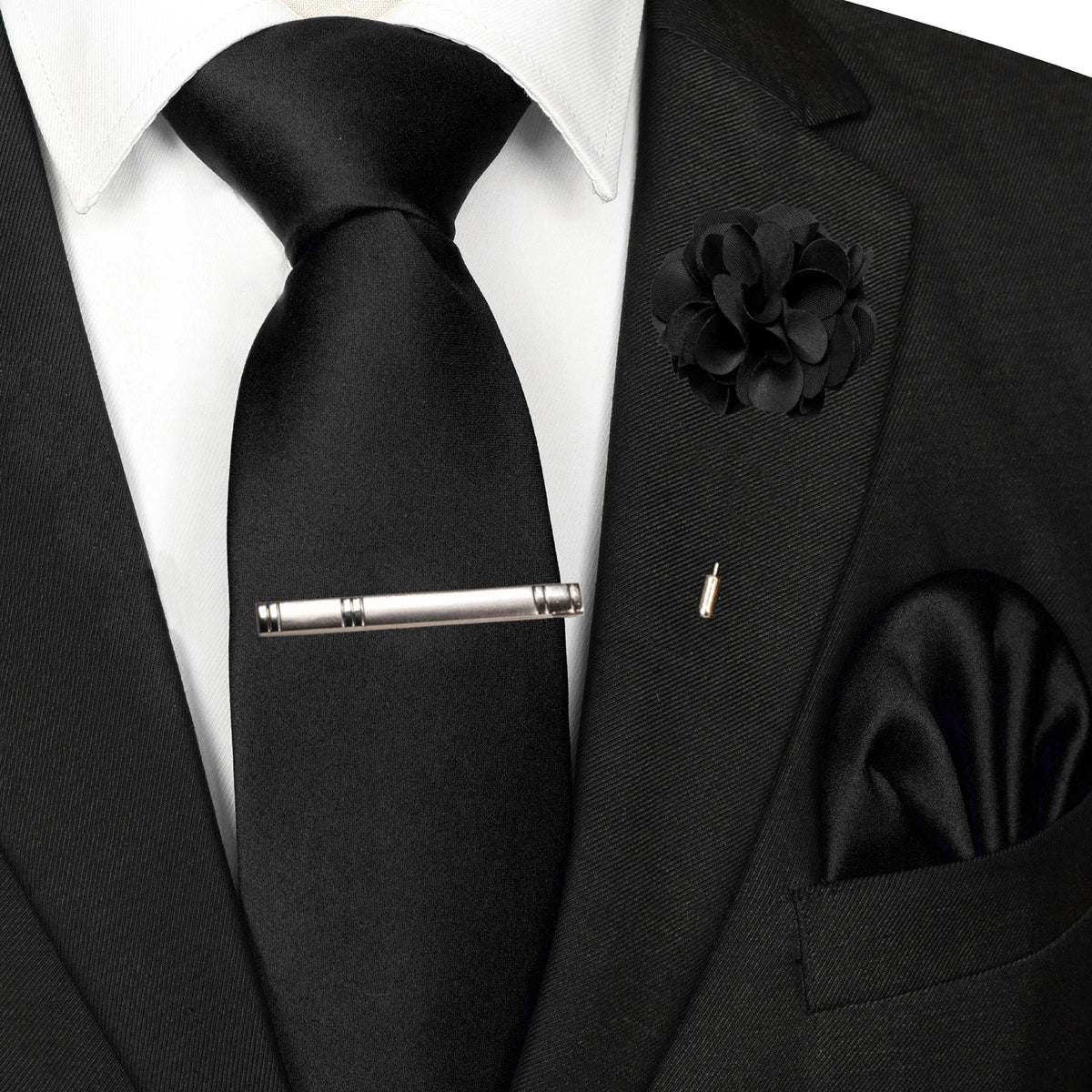 Men's Solid Color Tie Set with Lapel Pin and Pocket Square
