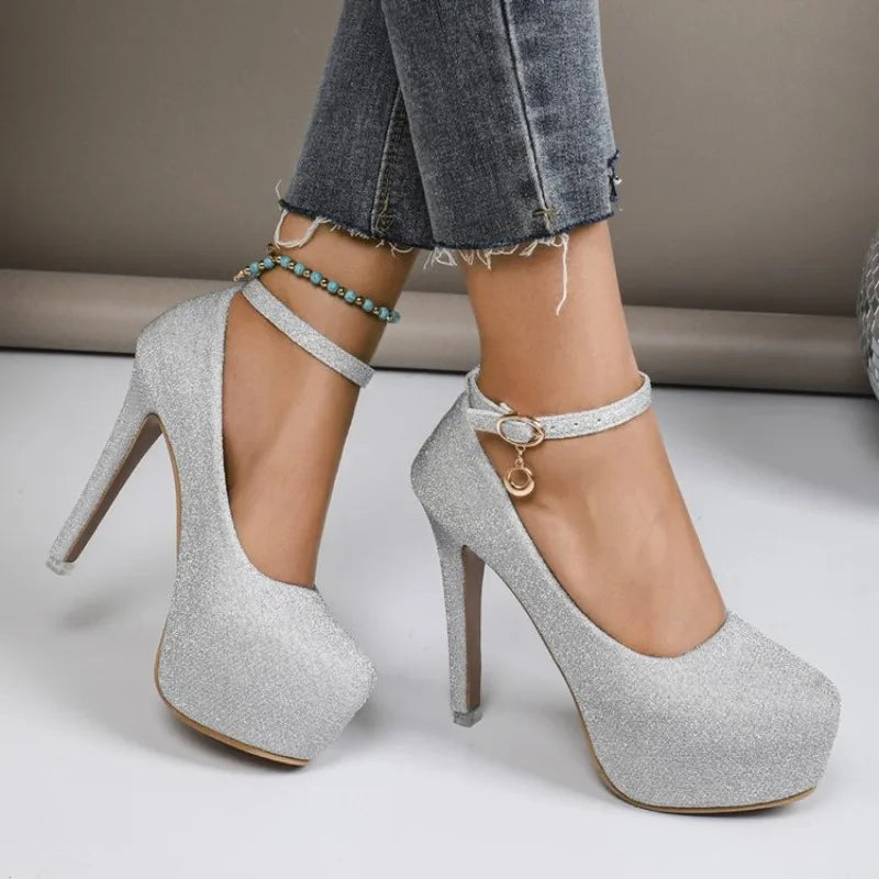 Women's Thin Heel Waterproof Platform Buckle Strap High Heels