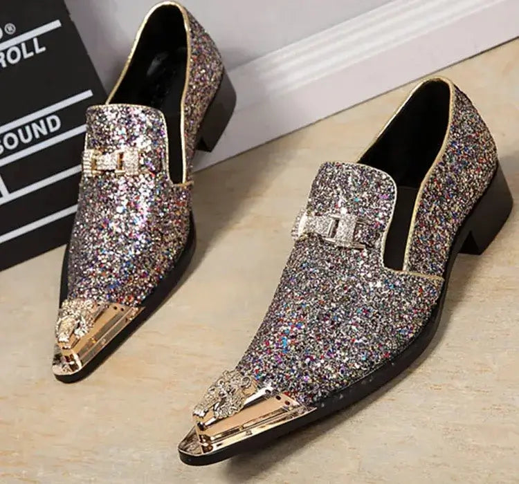 Men's Glitter Gold Italian Pointed Leather Wedding Dress Shoes