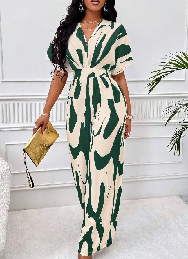 Women's V-Neck Short-Sleeve Printed Wide-Leg Jumpsuit