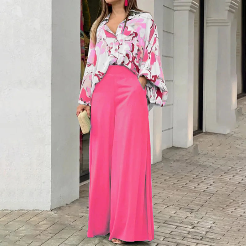 Women's Printed Shirt and Solid Pants Two-Piece Set
