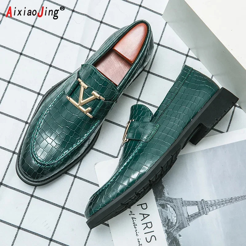 Men's Pointed Toe Leather Buckle Dress Loafers