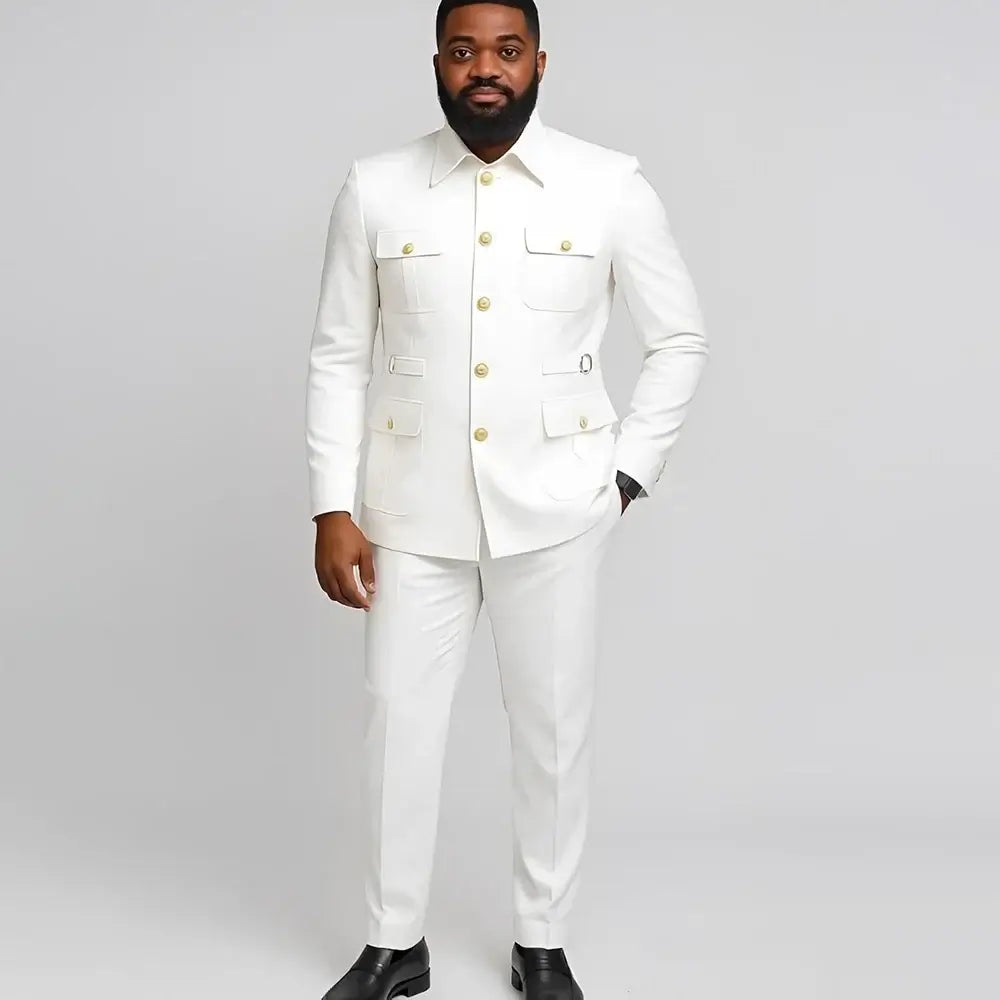 Men's White Stand-Collar Four-Pocket Two-Piece Slim Wedding Suit