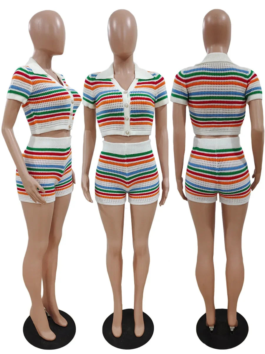 Women's Rainbow Stripe Knit Shirt and Shorts Two-Piece