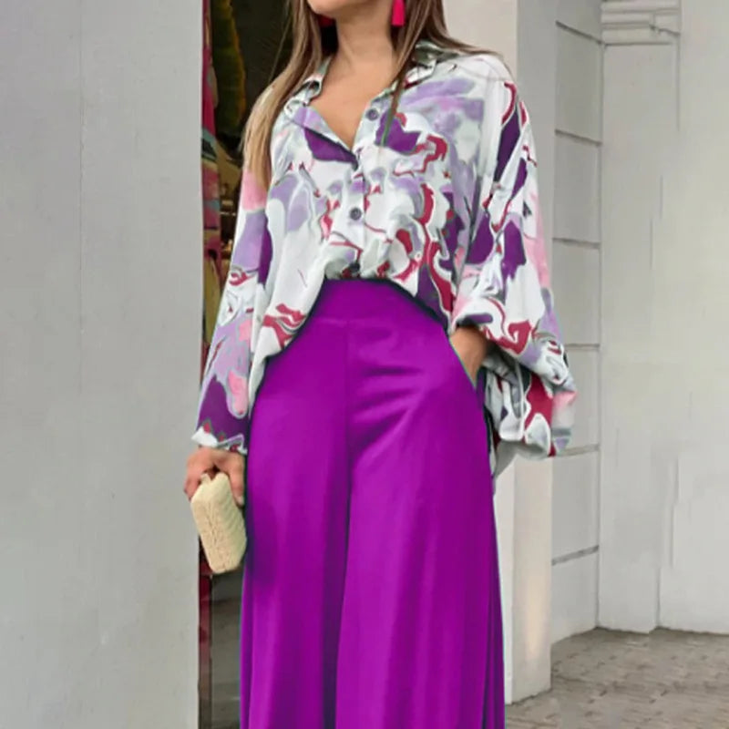 Women's Printed Shirt and Solid Pants Two-Piece Set