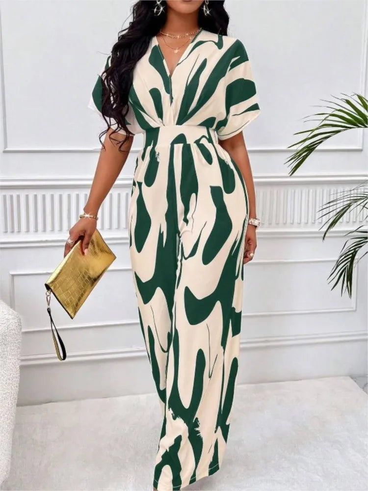 Women's V-Neck Short-Sleeve Printed Wide-Leg Jumpsuit