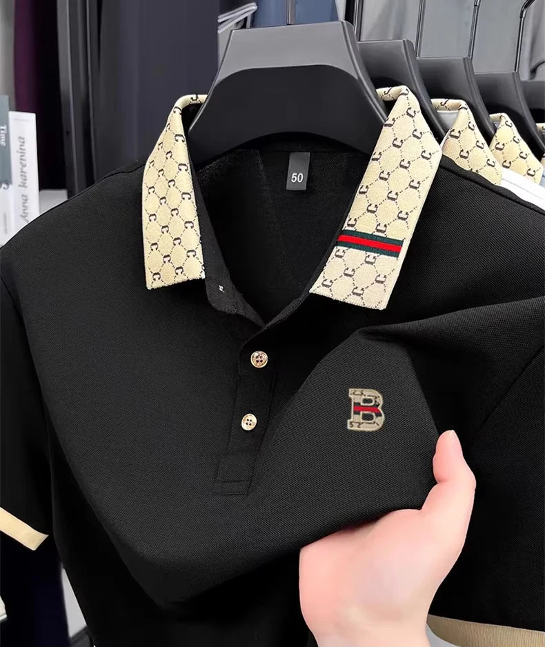 Men's B-Letter Embossed Color-Block Short Sleeve Polo Shirt