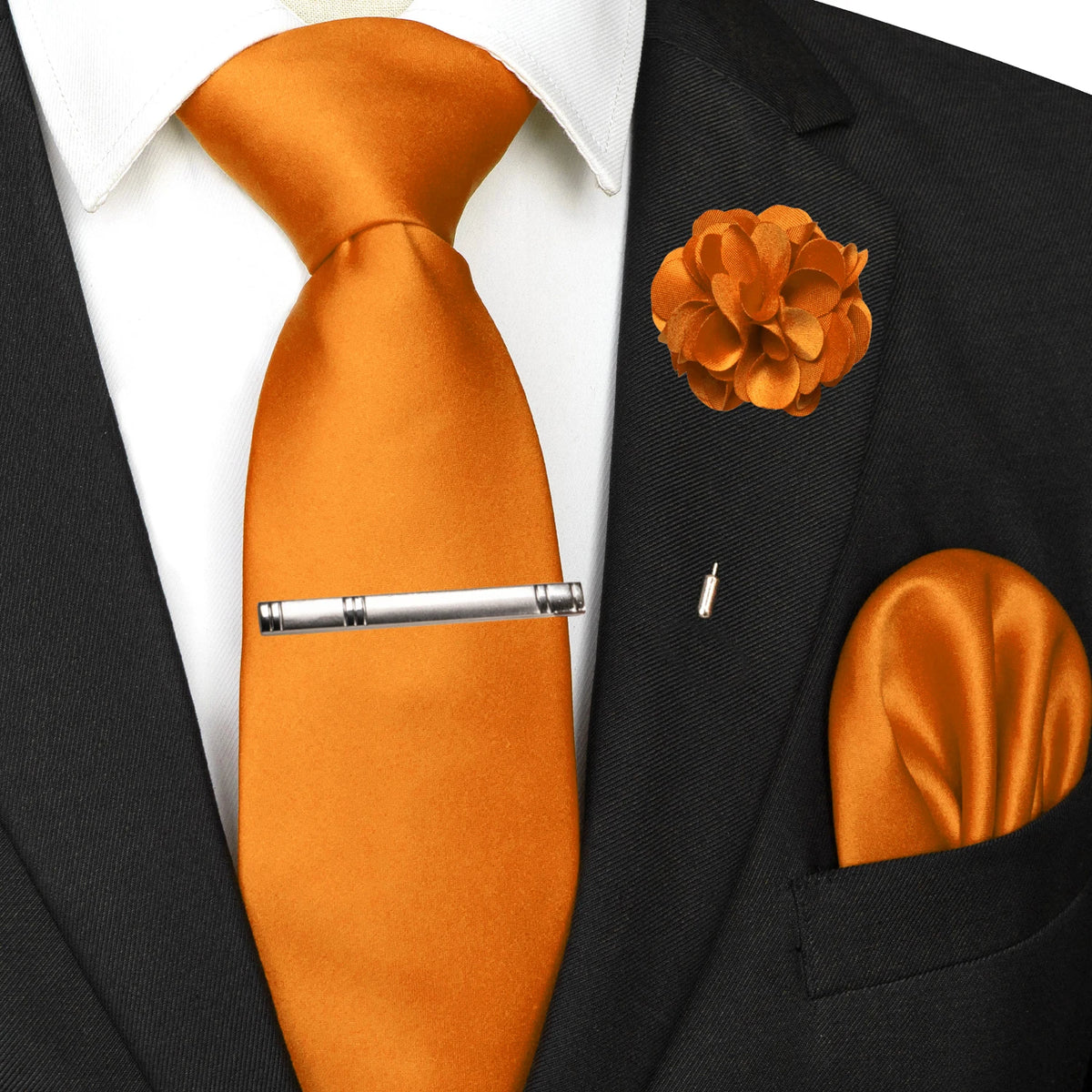 Men's Solid Color Tie Set with Lapel Pin and Pocket Square