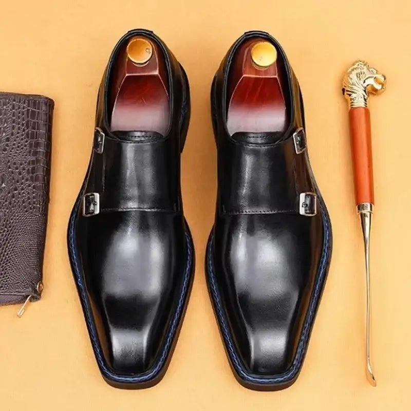 Men's Cowhide Square Toe Double Monk Strap Dress Shoes