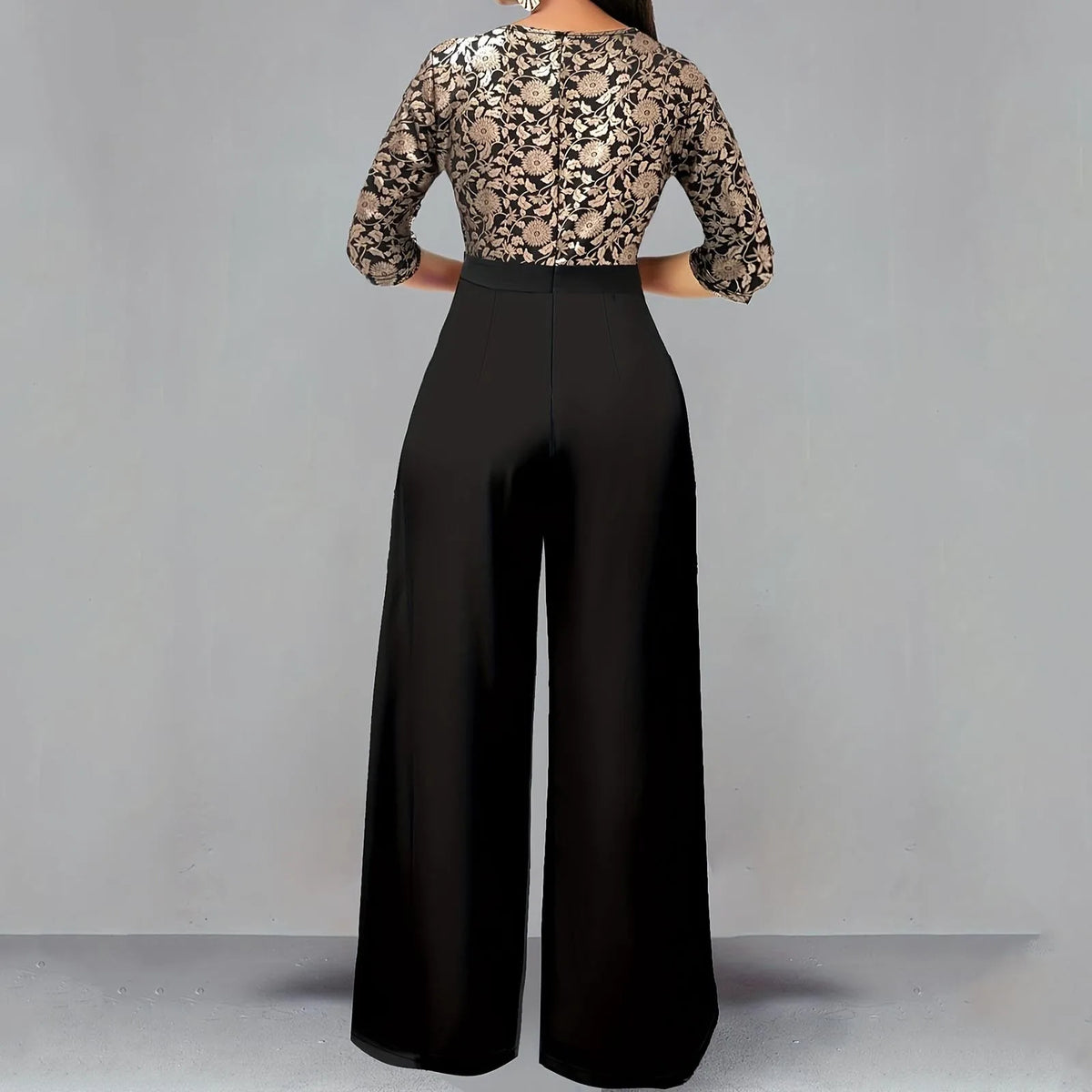 Women's Printed High-Waist Three-Quarter Sleeve Slit Jumpsuit