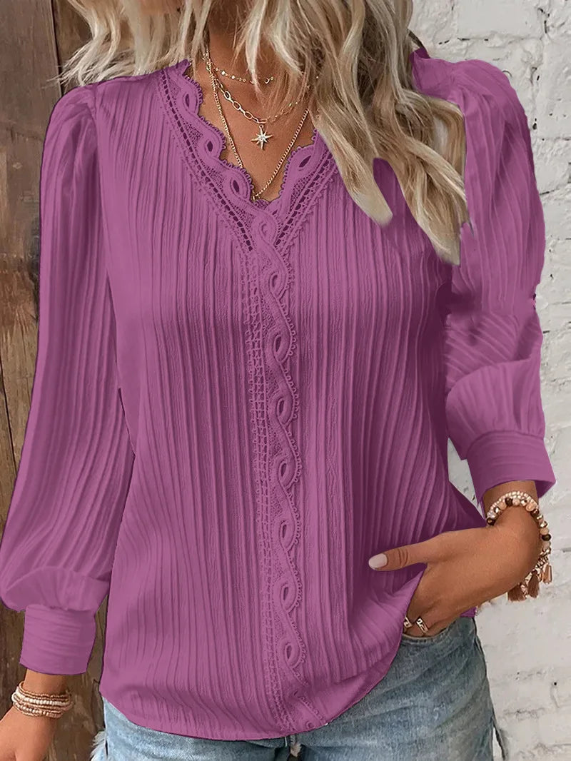Women's Hollow Lace Patchwork V-Neck Long Sleeve Blouse