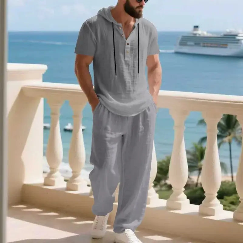 Men's Summer Linen Short Sleeve Hoodie and Loose Pants Set