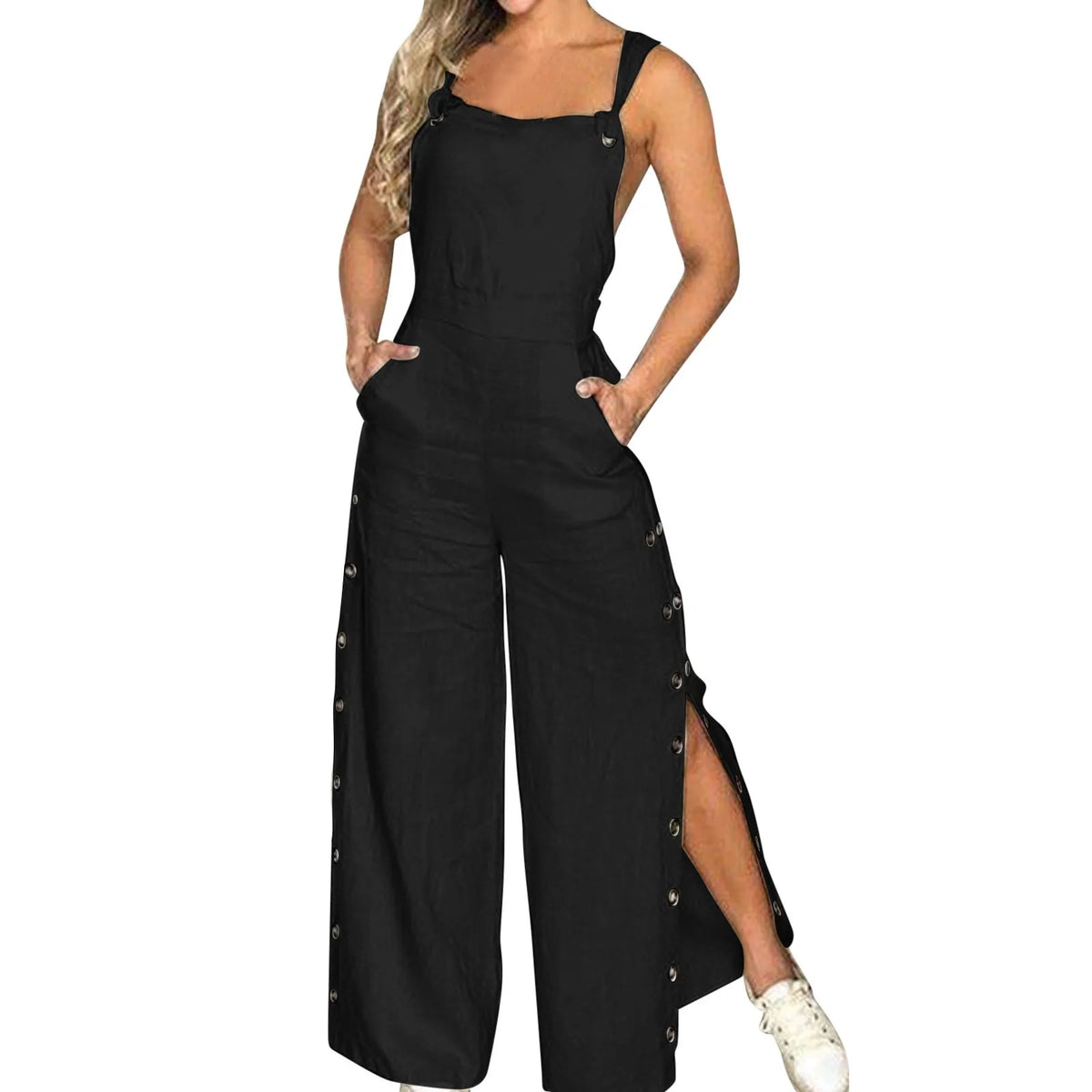 Women's Summer Sleeveless Cotton Linen Playsuits Strappy Side Button Opening Overalls Loose Long Wide Leg Pants Female Jumpsuits