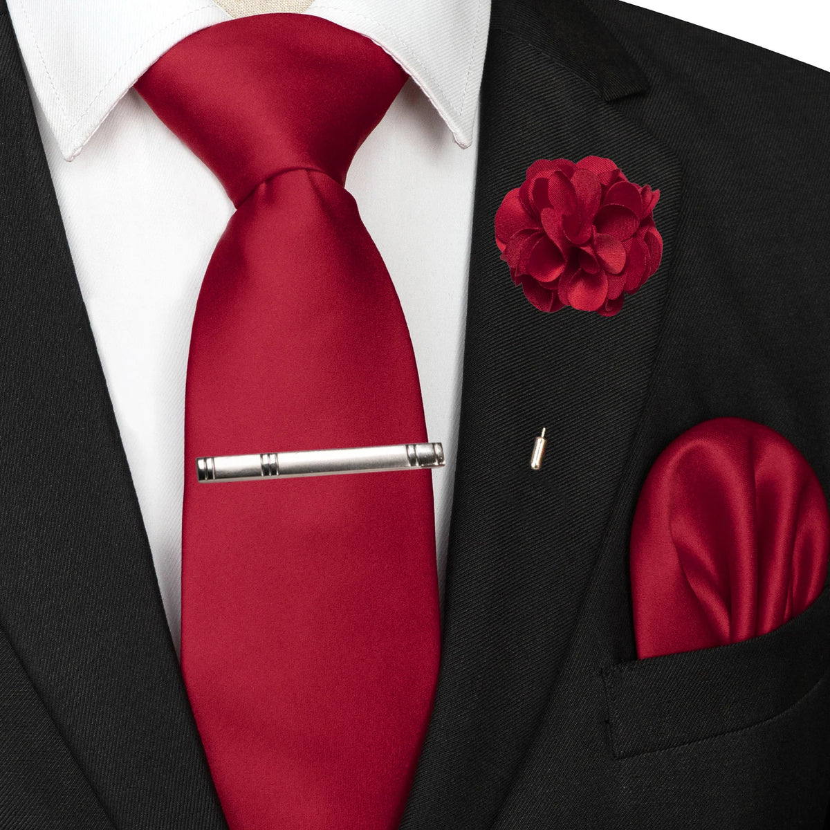 Men's Solid Color Tie Set with Lapel Pin and Pocket Square