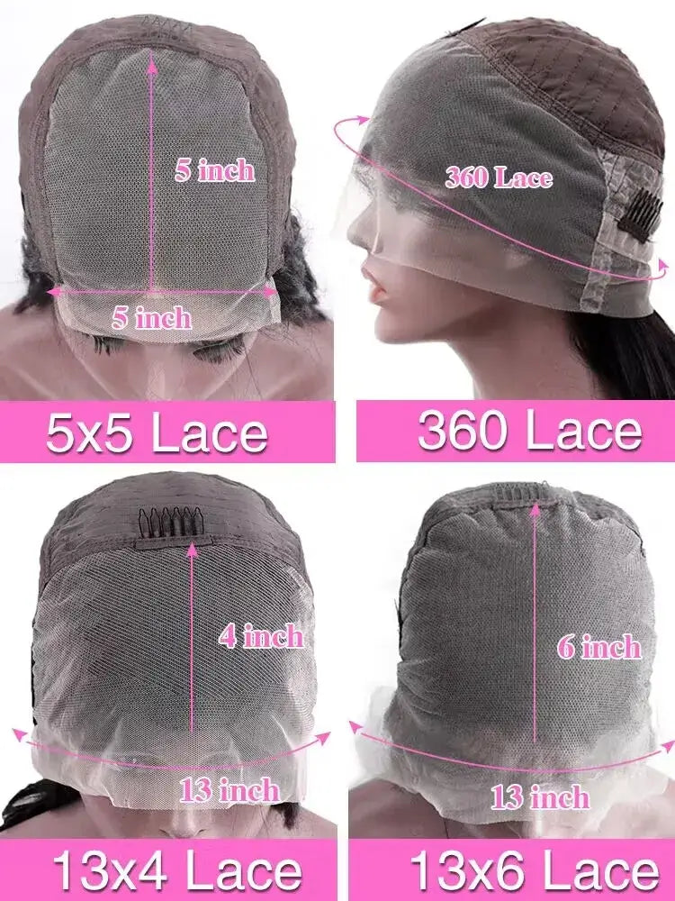 5x5 Lace, 360 Lace, 13x4 Lace, and 13x6 Lace wig cap sizes shown for 40 46 Inch 200 Density Frontal Wig For Black Women Brazilian Wigs Human Hair.