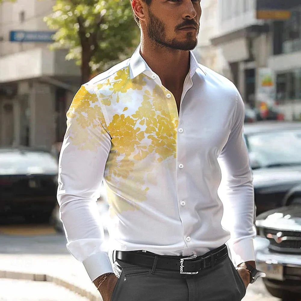 Men's 3D Leaf Print Lapel Long Sleeve Button Shirt