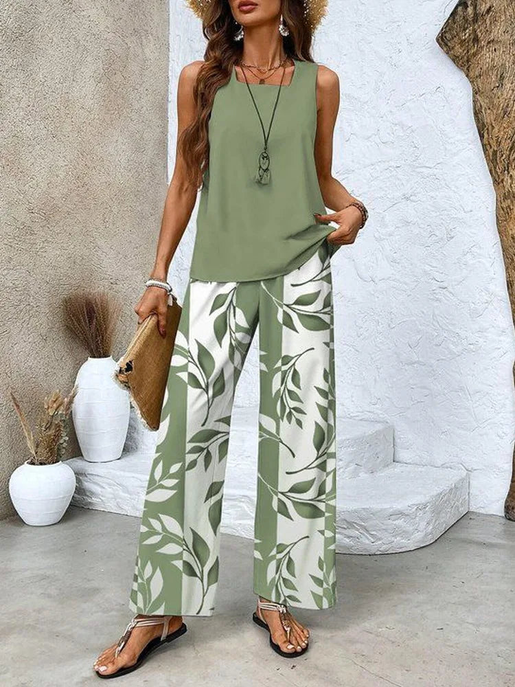 Women's Flower Stripe Two-Piece Set, Sleeveless Vest and Long Pants