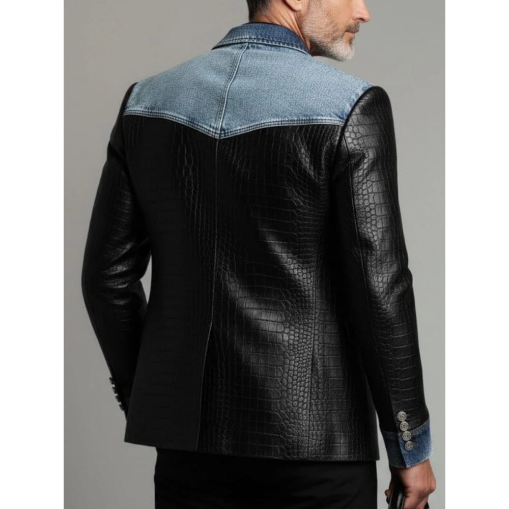 Designer Classic Men's Suit Coat Denim Patchwork Crocodile PU Leather Notched Lapel Tuxedos Groom Wear Business Party Blazer