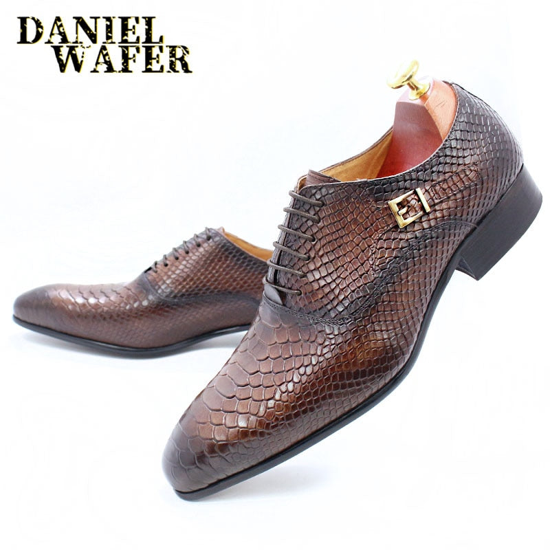 Men's Snake Print Leather Lace-Up Pointed Oxford Dress Shoes