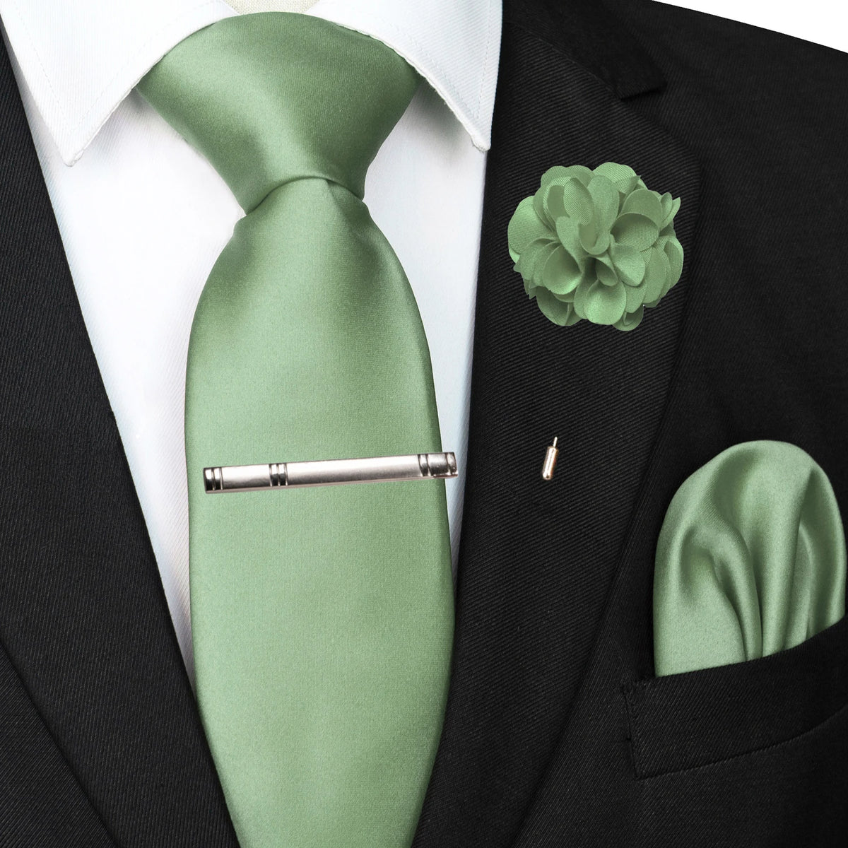 Men's Solid Color Tie Set with Lapel Pin and Pocket Square