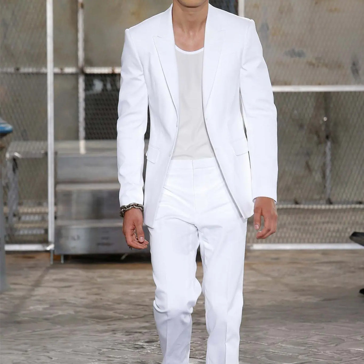 Men's White Long Jacket and Trousers Peaked-Lapel Wedding Tuxedo