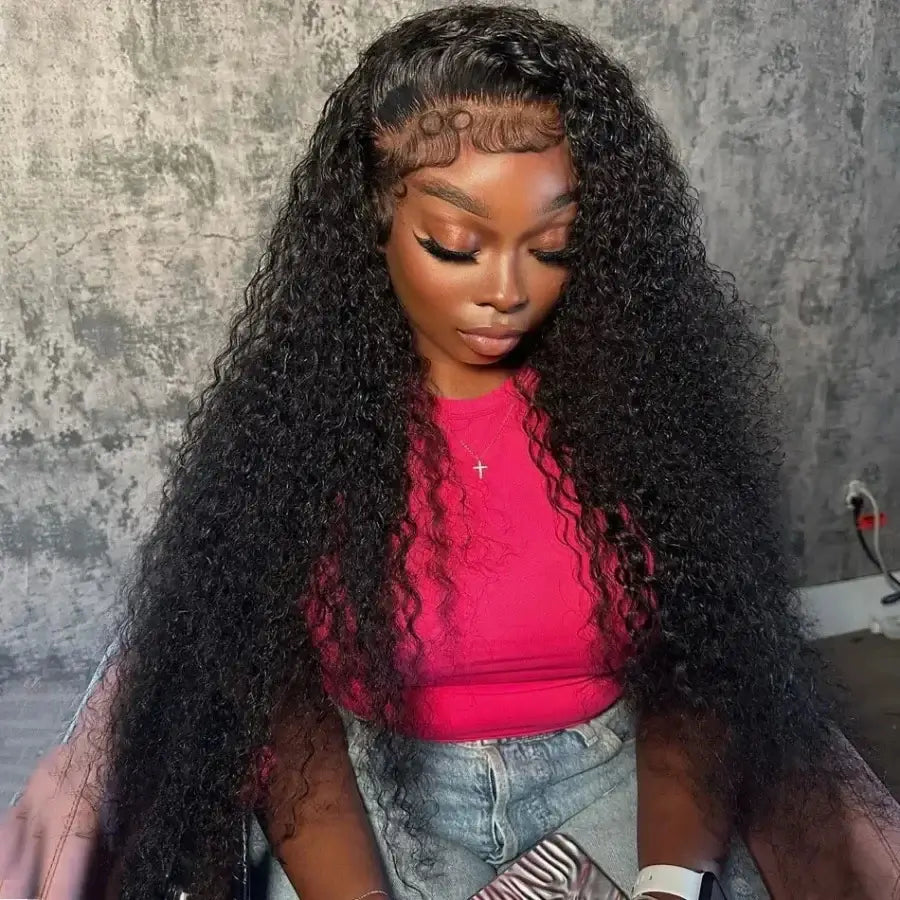 200% Deep Wave Lace Front Wig Human Hair 13X4 HD Transparent Curly Lace Front Wig Human Hair Wig Brazilian Pre Plucked worn by a model.