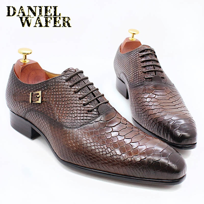 Men's Snake Print Leather Lace-Up Pointed Oxford Dress Shoes