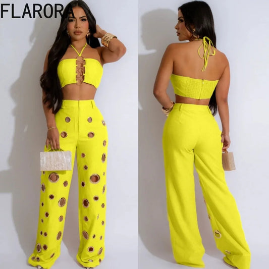 Women's Sequined Halter Top and Wide Leg Pants Set