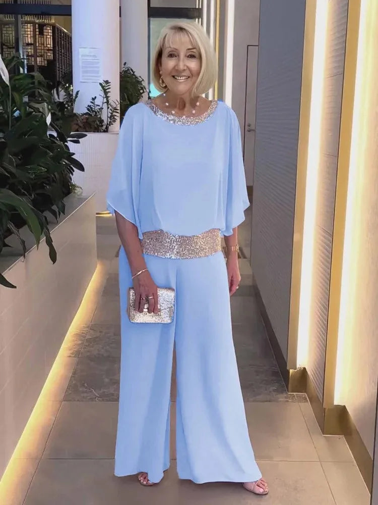Women's Color-Block Glitter Batwing Top and Wide-Leg Pants Set