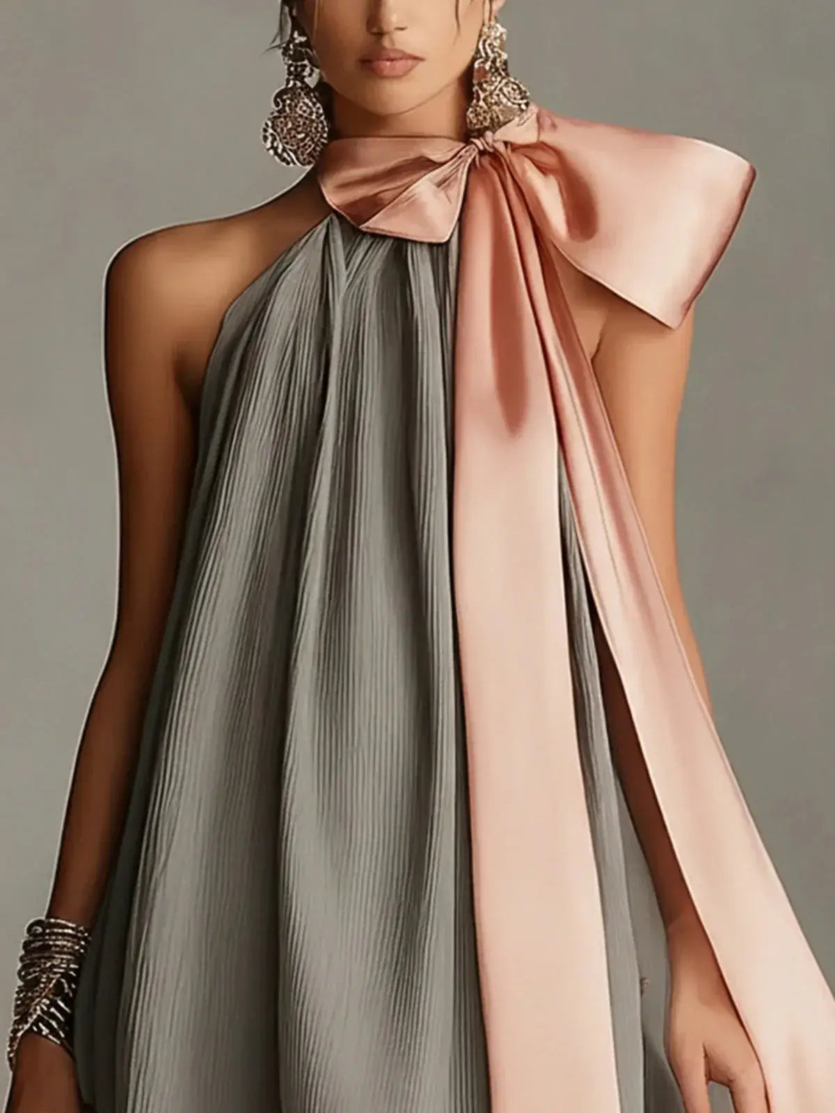Women's Pink Satin Halter Mini Dress with Bow Tie