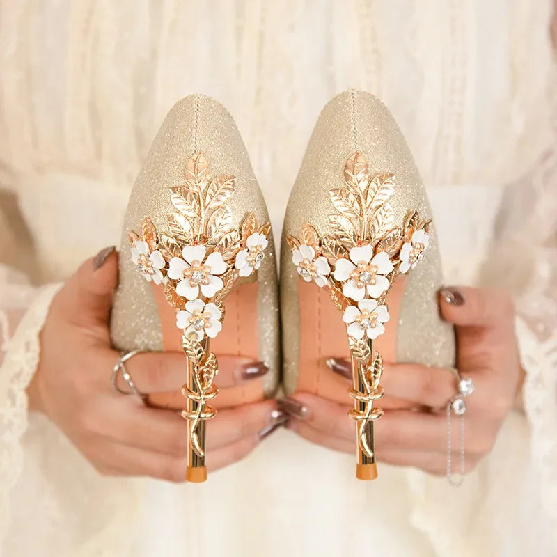 Women's Metal Flower Pointed High Heel Banquet Heels